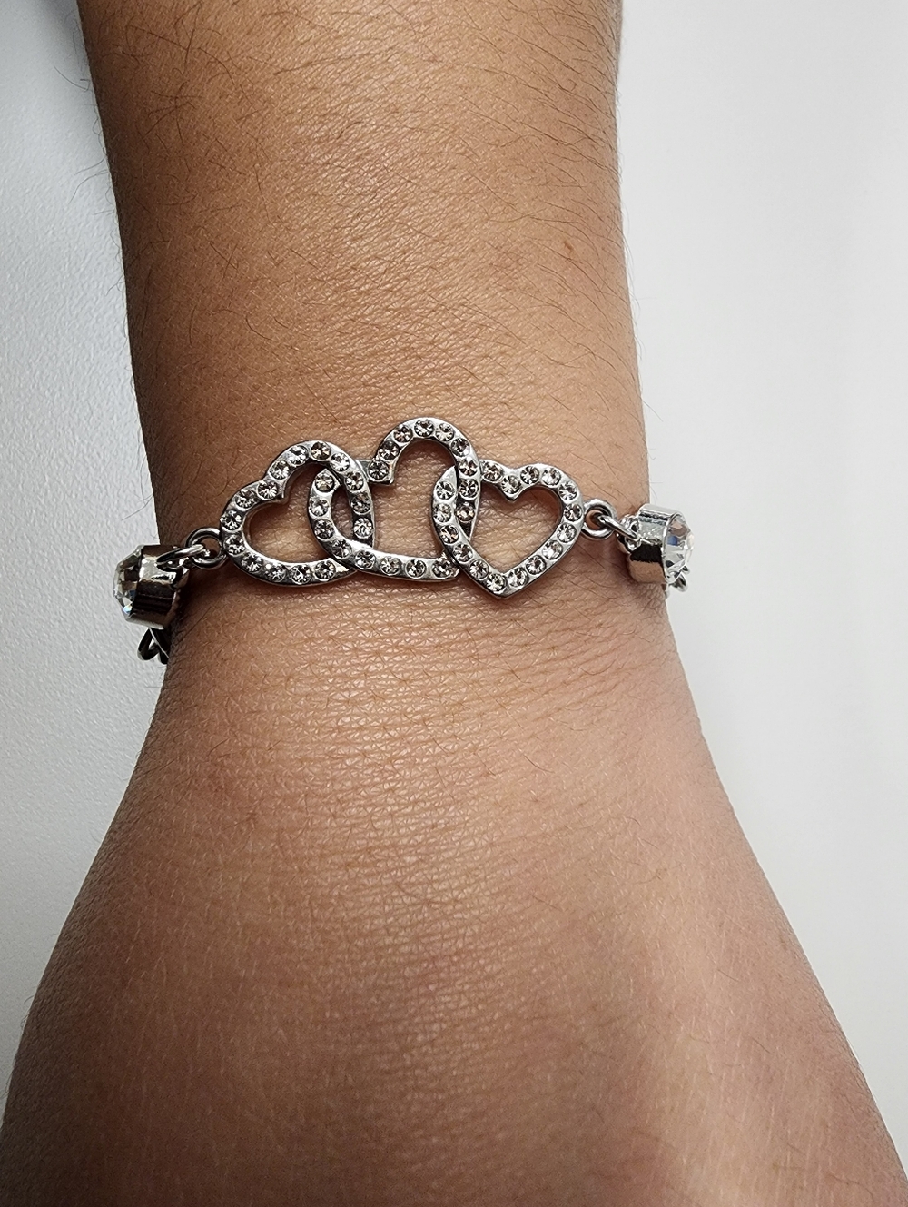 Interlocking Triple Heart Rhinestone Link Bracelet Silver Tone  Adjustable